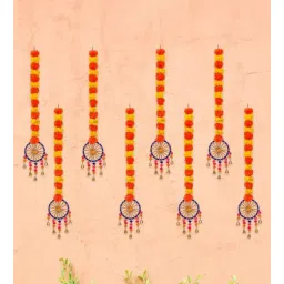 ecraftindia Orange & Yellow Plastic Artificial Marigold Flowers Hangings with Bangles Ringing Bells (Set of 8)-picture-18