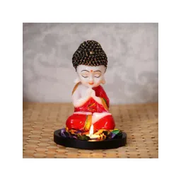 eCraftIndia Praying Red Monk Buddha with Wooden Base, Fragranced Petals and Tealight-picture-31