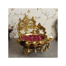 eCraftIndia Premium Golden Decorative Handcrafted Ethnic Brass Urli With Bells and 5 Diya's-picture-17