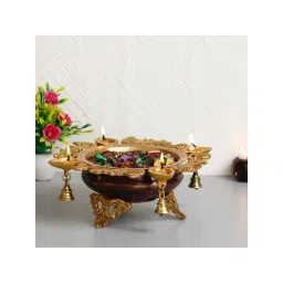 eCraftIndia Premium Handcrafted Brass Urli with 4 Diya Wicks and Bells-picture-14