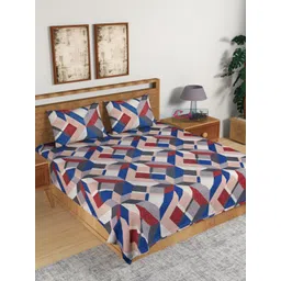 eCraftIndia Red & Blue Geometric 140 TC Cotton 1 King Bedsheet with 2 Pillow Covers-picture-36