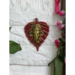 eCraftIndia Red & Gold Metal Lord Ganesha Face On Leaf Wall Hanging Showpiece-picture-19
