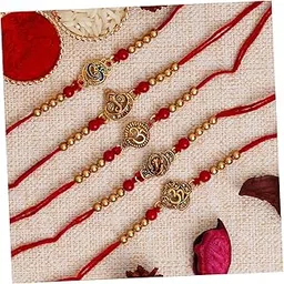eCraftIndia Red & Golden Set of 5 Om Symbol and Lord Ganesha Designer Religious Rakhi with Roli Chawal Pack - Rakhi for Brother, Bhaiya, Bhai-image-18