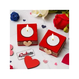 eCraftIndia Red & Golden Wooden Square Heart Tea Light Candle Holders - Set of 6-picture-12