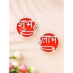 eCraftIndia Red & White 2 Pieces Wooden Shubh Labh With Diyas-picture-21