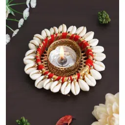 ecraftindia Red and White Cowrie Shell Decorative Metal Tea Light Holder-picture-22