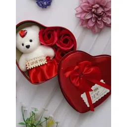 eCraftIndia Red & White Heart Shaped Valentine Gift Box With Teddy and Flowers-picture-27