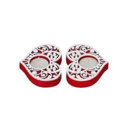 eCraftIndia Red & White Wooden Heart Shaped Tea Light Candle Holders - Set of 2 image 3