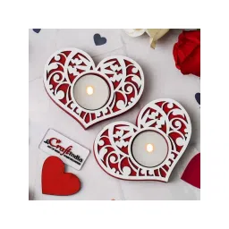 eCraftIndia Red & White Wooden Heart Shaped Tea Light Candle Holders - Set of 4-picture-14