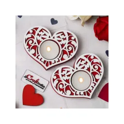 eCraftIndia Red & White Wooden Heart Shaped Tea Light Candle Holders - Set of 6-picture-15