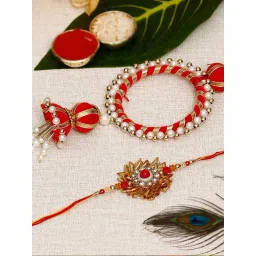 eCraftIndia Red Designer Gota Patti Bhaiya Bhabhi Rakhi and Roli Chawal Pack-picture-28