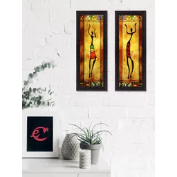 eCraftIndia Set of 2 Beige & Brown Abstract Dancing Lady Satin Matt Texture UV Wall Art-picture-11