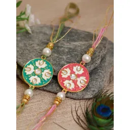 eCraftIndia Set of 2 Blue & Peach Meenakari Rakhis with Sibling Agreement & Roli Chawal Pack-picture-34