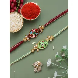 eCraftIndia Set of 2 Brown & Green Beads & Pearl Rakhis with Sibling Agreement & Roli Chawal Pack-picture-15