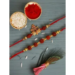 eCraftIndia Set of 2 Golden & Brown Religious Rakhis with Sibling Agreement & Roli Chawal Pack-picture-48