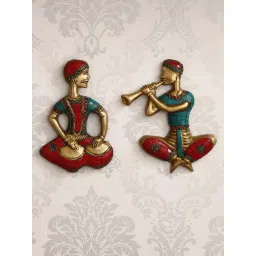eCraftIndia Set of 2 Jugalbandi Musicians Brass Wall Hanging with Colorful Stone Work-picture-44