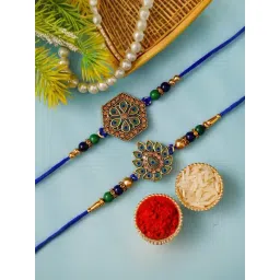 eCraftIndia Set of 2 Peacock Feather Floral Rakhis for Brothers with Sibling Agreement & Roli Chawal-picture-29