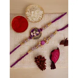 eCraftIndia Set of 2 Purple Floral & Pearl Rakhis with Sibling Agreement & Roli Chawal Pack-picture-21