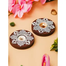 eCraftIndia Set of 2 Round Wooden Block Print Tea Light Candle Holders, Diya Stands-picture-15