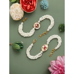 eCraftIndia Set of 2 White Pearl Lotus Floral Bracelet Rakhis with Sibling Agreement & Roli Chawal-picture-45
