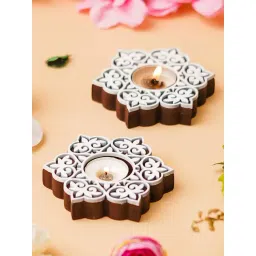 eCraftIndia Set of 2 Wooden Floral Printing Block Decorative Tea Light Candle Holders-picture-16