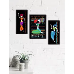 eCraftIndia Set of 3 Black & Blue Tribal Theme Satin Matt Textured UV Wall Paintings-picture-22