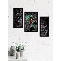 eCraftIndia Set of 3 Black & Grey Tribal Theme Satin Matt Textured UV Wall Paintings-picture-14