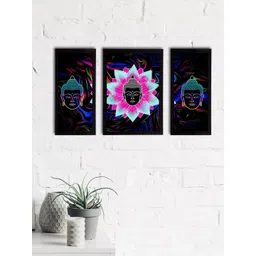 eCraftIndia Set of 3 Black & Sea Green Meditating Lord Buddha Satin Matt Textured UV Wall Paintings-picture-21