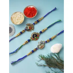 eCraftIndia Set of 3 Blue & Golden Peacock Rakhis with Sibling Agreement & Roli Chawal Pack-picture-11