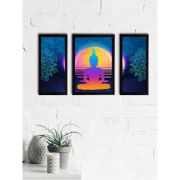 eCraftIndia Set of 3 Blue & Orange Meditating Lord Buddha Satin Matt Textured UV Wall Paintings-picture-30