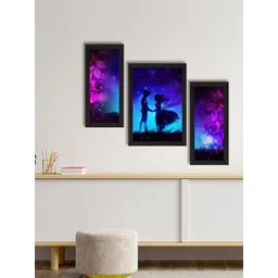 eCraftIndia Set Of 3 Blue & Pink Loving Couple Under Moon Light Wall Art-picture-23