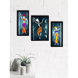 eCraftIndia Set of 3 Blue & Yellow Tribal Theme Satin Matt Textured UV Wall Paintings-picture-17