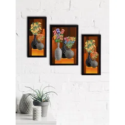 eCraftIndia Set of 3 Brown & Grey Botanical & Floral Satin Matt Textured UV Wall Paintings-picture-29