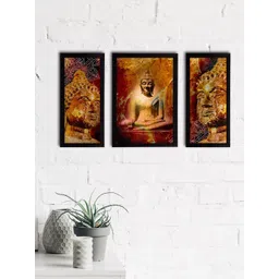 eCraftIndia Set of 3 Brown & Maroon Meditating Lord Buddha Satin Matt Textured UV Wall Paintings-picture-28