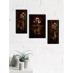 eCraftIndia Set of 3 Brown & Pink Botanical and Floral Satin Matt Textured UV Art Painting-picture-20