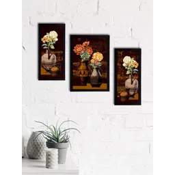 eCraftIndia Set of 3 Brown & Yellow Botanical and Floral Satin Matt Textured UV Art Paintings-picture-40