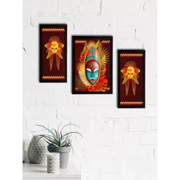 eCraftIndia Set of 3 Brown & Yellow Tribal Theme Satin Matt Textured UV Wall Paintings-picture-42