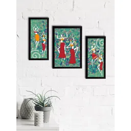 eCraftIndia Set of 3 Green & Maroon Tribal Theme Satin Matt Textured UV Wall Paintings-picture-35