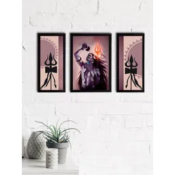 eCraftIndia Set of 3 Grey & Black Lord Shiva Satin Matt Textured UV Wall Paintings-picture-12