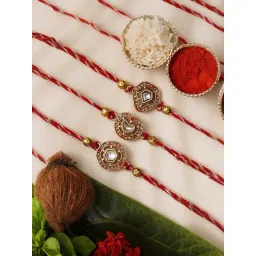 eCraftIndia Set of 3 Kundan Beads Rakhis for Brothers with Sibling Agreement & Roli Chawal Pack-picture-47