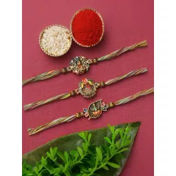 eCraftIndia Set of 3 Lord Ganesha, Krishna, Om Rakhis with Sibling Agreement & Roli Chawal Pack-picture-44