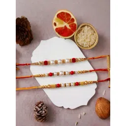 eCraftIndia Set of 3 Pearls Beads Rakhis for Brothers with Sibling Agreement & Roli Chawal Pack-picture-30