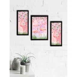 eCraftIndia Set of 3 Pink & Green Flamingo and Floral Satin Matt Textured UV Wall Paintings-picture-33