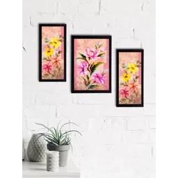 eCraftIndia Set of 3 Pink & Yellow Botanical & Floral Satin Matt Textured UV Wall Paintings-picture-41