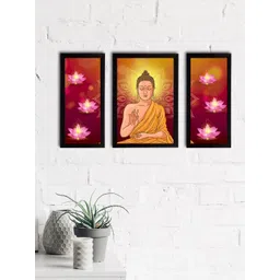 eCraftIndia Set Of 3 Pink & Yellow Meditating Lord Buddha Satin Matt Textured UV Art Painting-picture-39