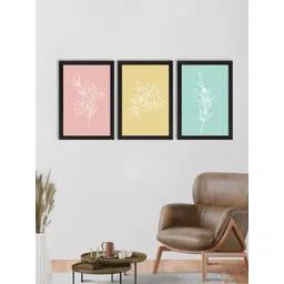 ECraftIndia Set of 3 Pink & Yellow Tropical Leaf Pastel Satin Matt Texture UV Art Painting-picture-43