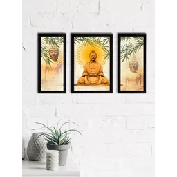 eCraftIndia Set of 3 Yellow & Beige Meditating Lord Buddha Satin Matt Textured UV Wall Paintings-picture-34