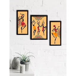 eCraftIndia Set of 3 Yellow & Black Tribal Theme Satin Matt Textured UV Wall Art-picture-10
