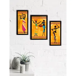 eCraftIndia Set of 3 Yellow & Black Tribal Theme Satin Matt Textured UV Wall Paintings-picture-17