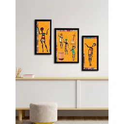eCraftIndia Set of 3 Yellow & Black Tribal Theme Satin Matt Textured UV Wall Paintings image 3